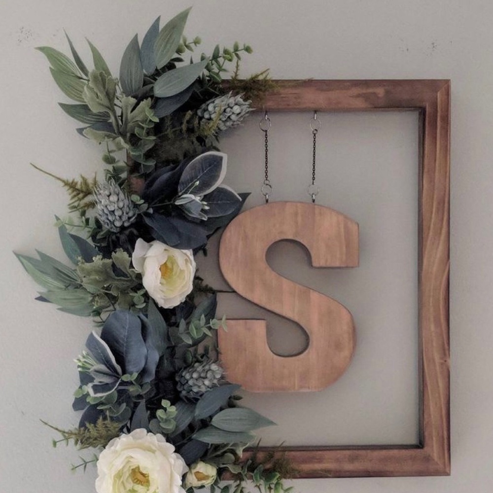 Wood initial frame your choice of flowers